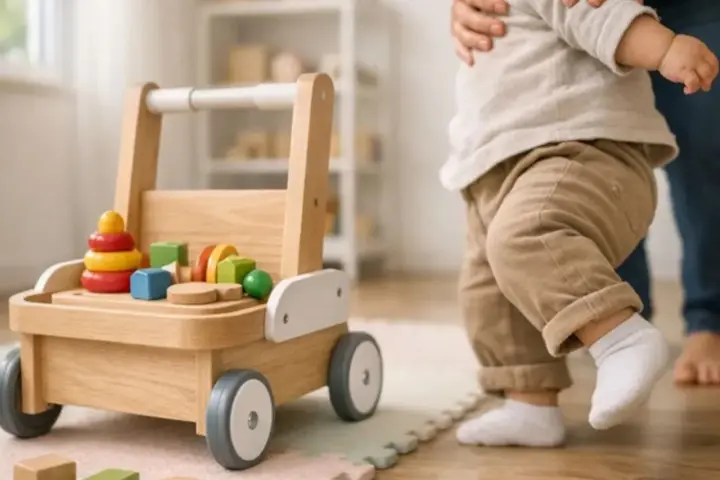 Pierwsze kroki dziecka z pomocą drewnianego chodzika. Radość z odkrywania świata, kiedy dziecko zaczyna chodzić.